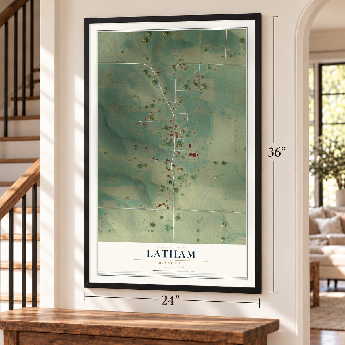 Latham, Missouri map, 24 x 36 inch print in a black frame by a staircase