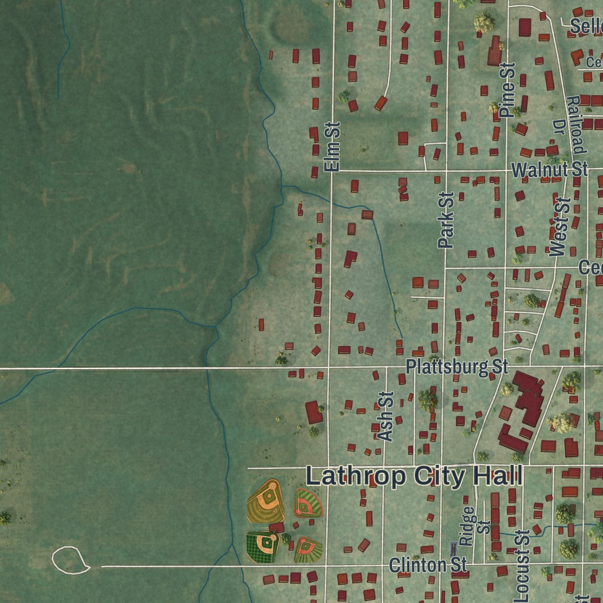 Close-up of the map of Lathrop, Missouri print showing street and building detail