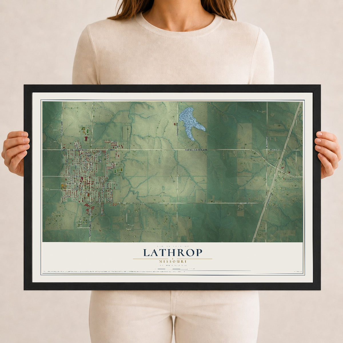 Map of Lathrop, Missouri, 12 x 18 inch print in a black wood frame