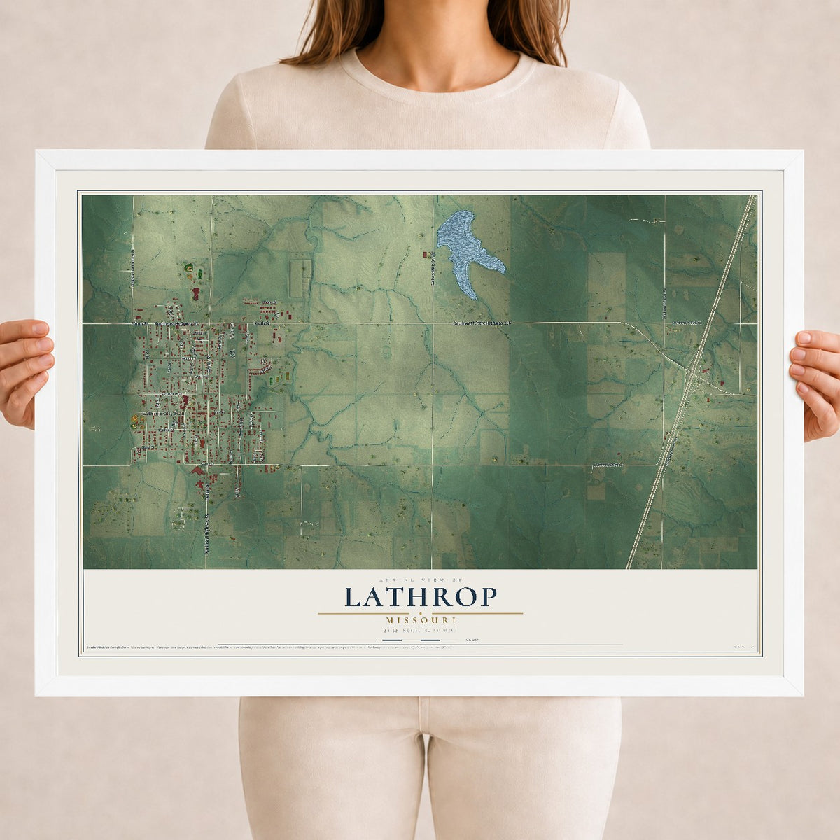 Map of Lathrop, Missouri, 18 x 24 inch print in a white wood frame