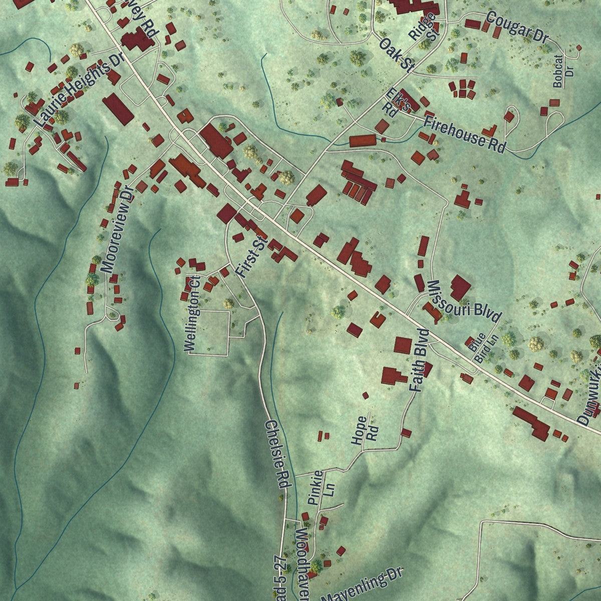 Close-up of the map of Laurie, Missouri print showing street and building detail