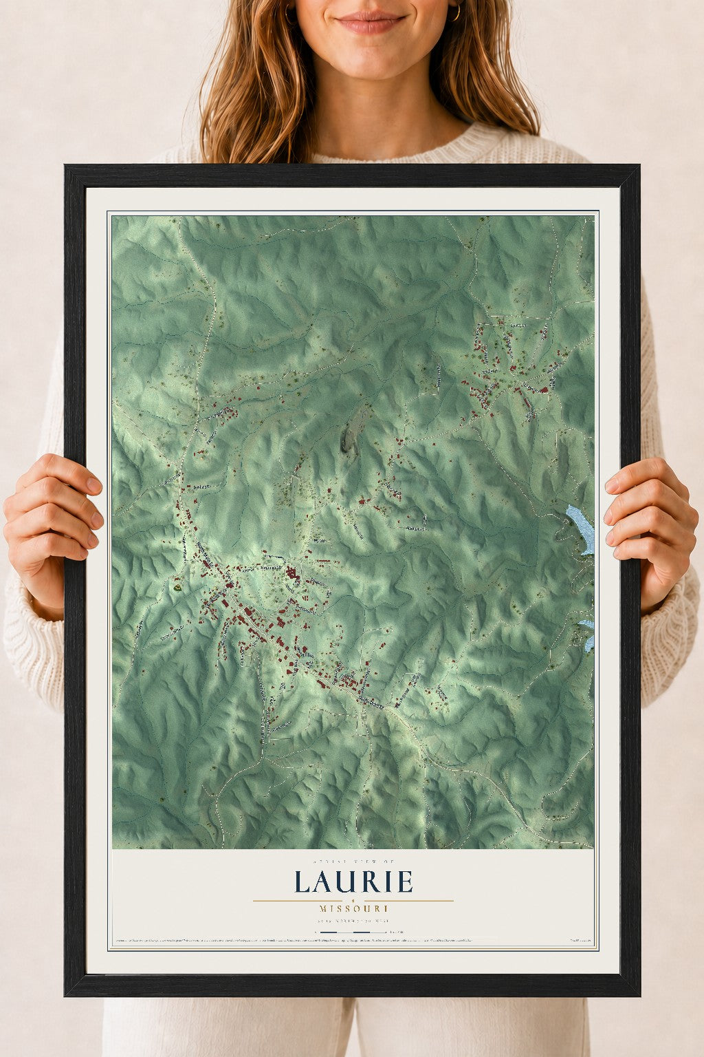 Map of Laurie, Missouri, 18 x 24 inch print in a black wood frame