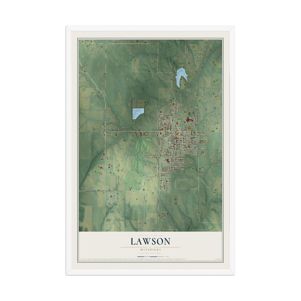 Map of Lawson, Missouri, 12 x 18 inch print in a white wood frame