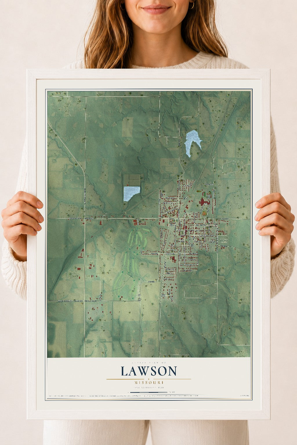 Map of Lawson, Missouri, 18 x 24 inch print in a white wood frame
