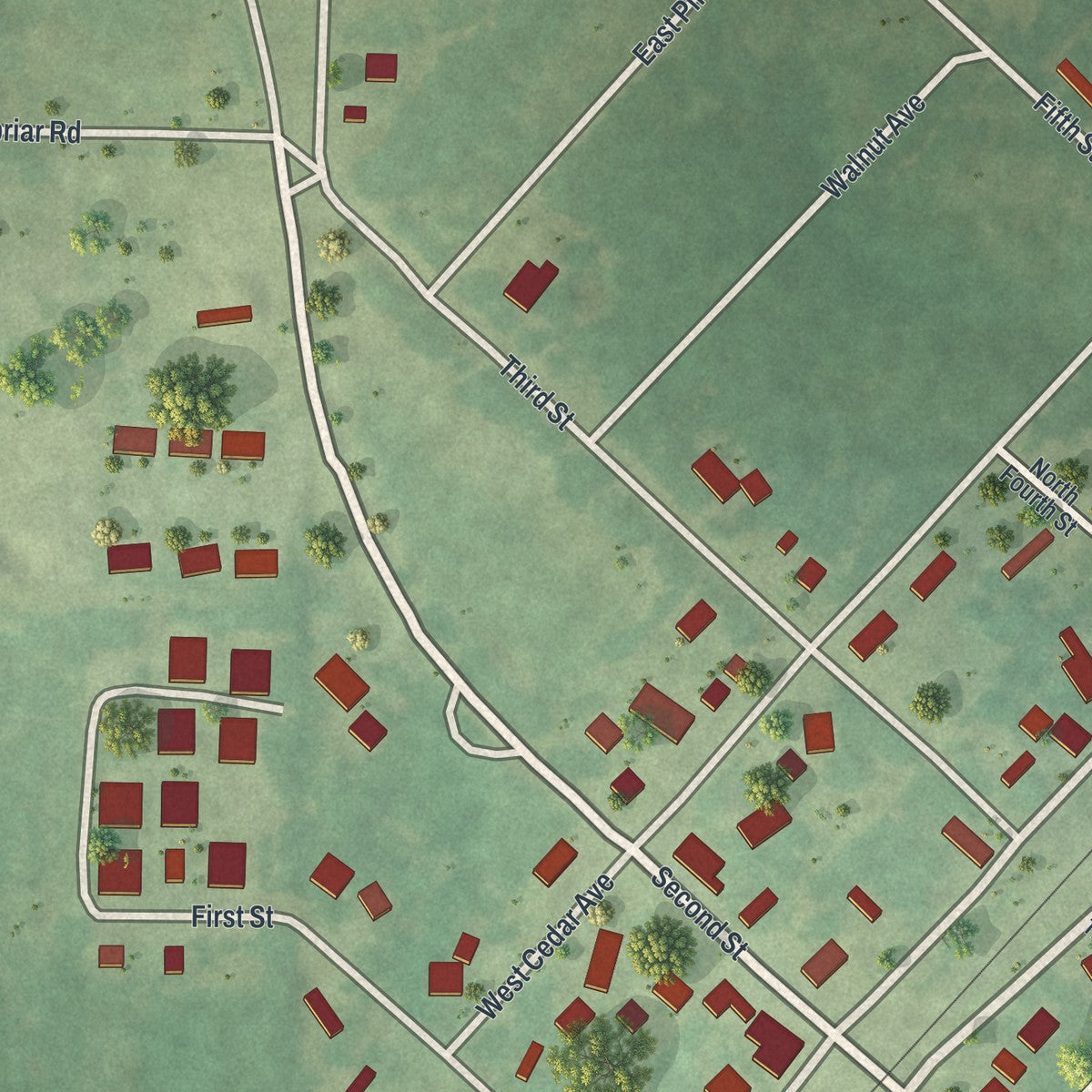 Close-up of the map of Leasburg, Missouri print showing street and building detail