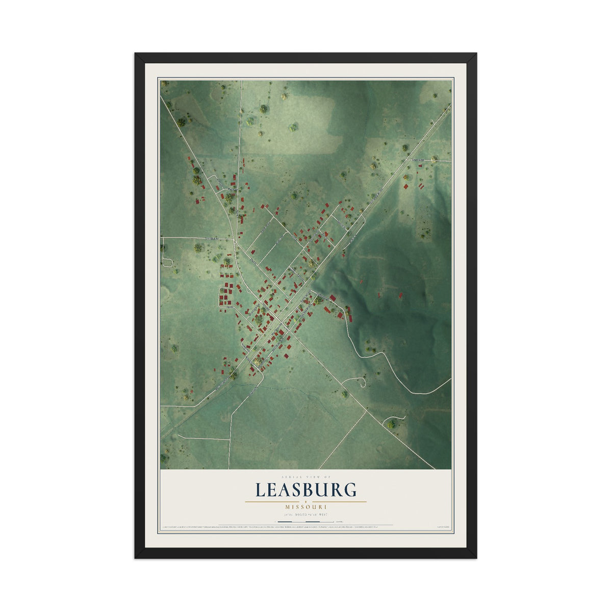 Map of Leasburg, Missouri, 12 x 18 inch print in a black wood frame