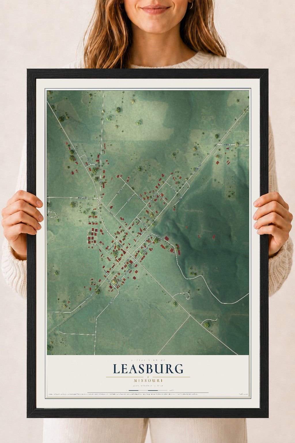 Map of Leasburg, Missouri, 18 x 24 inch print in a black wood frame