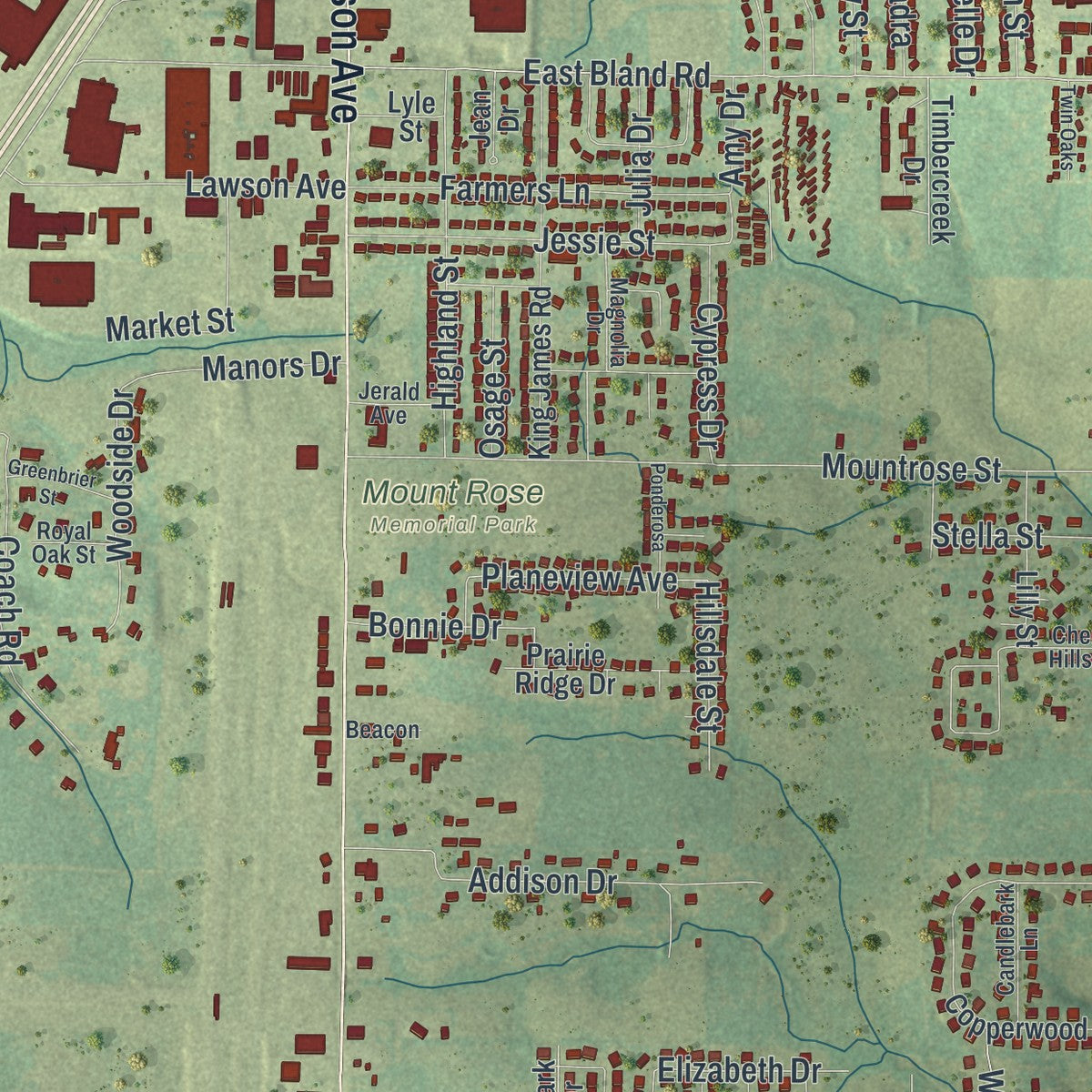 Second close-up of the map of Lebanon, Missouri print showing more streets and buildings
