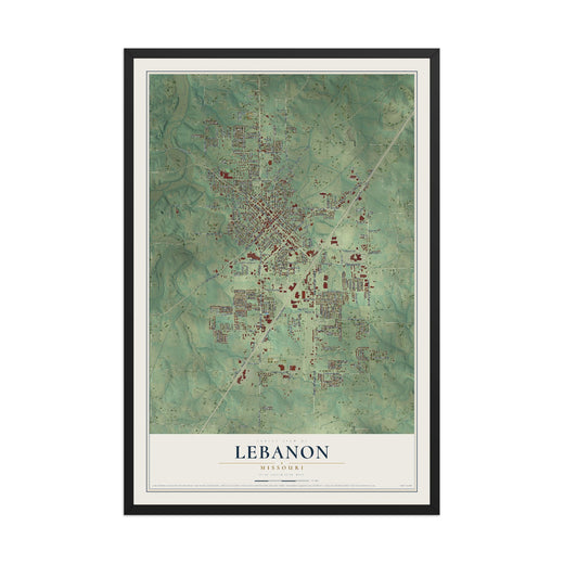 Map of Lebanon, Missouri, 12 x 18 inch print in a black wood frame
