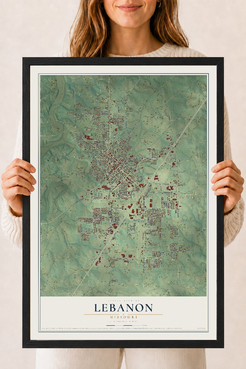 Map of Lebanon, Missouri, 18 x 24 inch print in a black wood frame