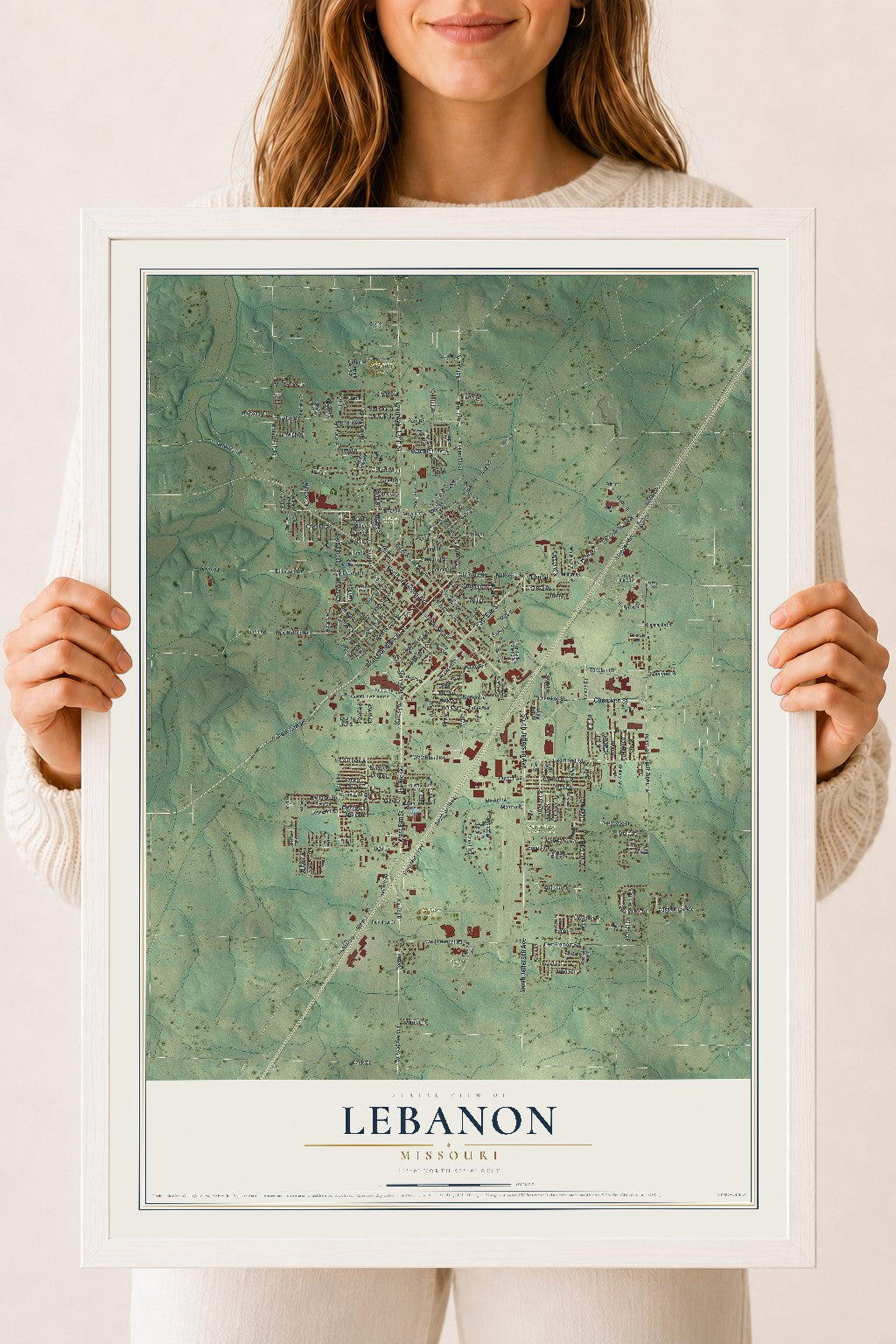 Map of Lebanon, Missouri, 18 x 24 inch print in a white wood frame