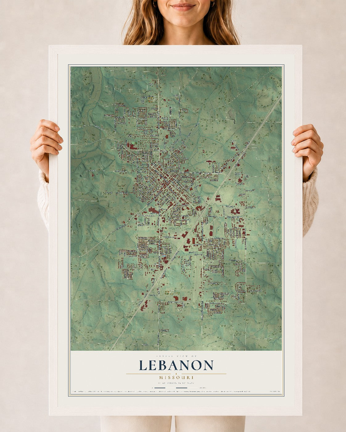 Map of Lebanon, Missouri, 24 x 36 inch print in a white wood frame