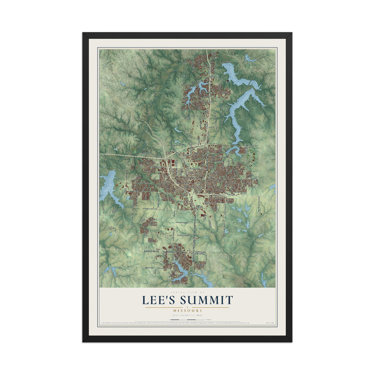 Map of Lee's Summit, Missouri, 12 x 18 inch print in a black wood frame