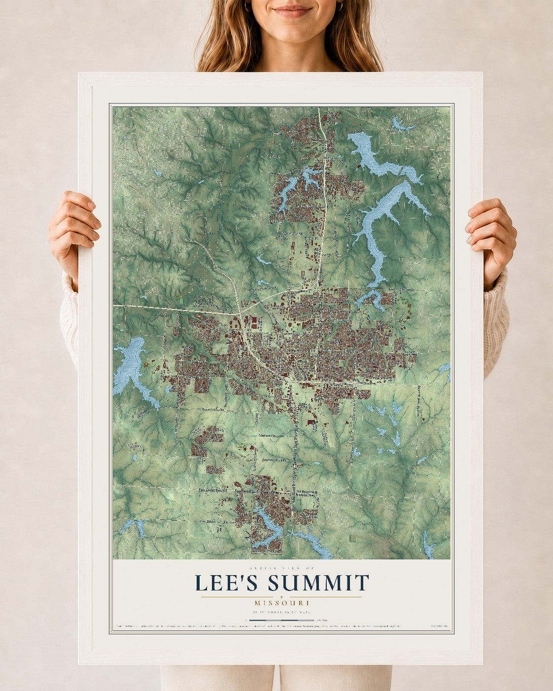 Map of Lee's Summit, Missouri, 24 x 36 inch print in a white wood frame