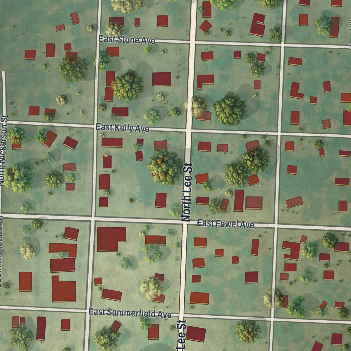 Close-up of the map of Leeton, Missouri print showing street and building detail