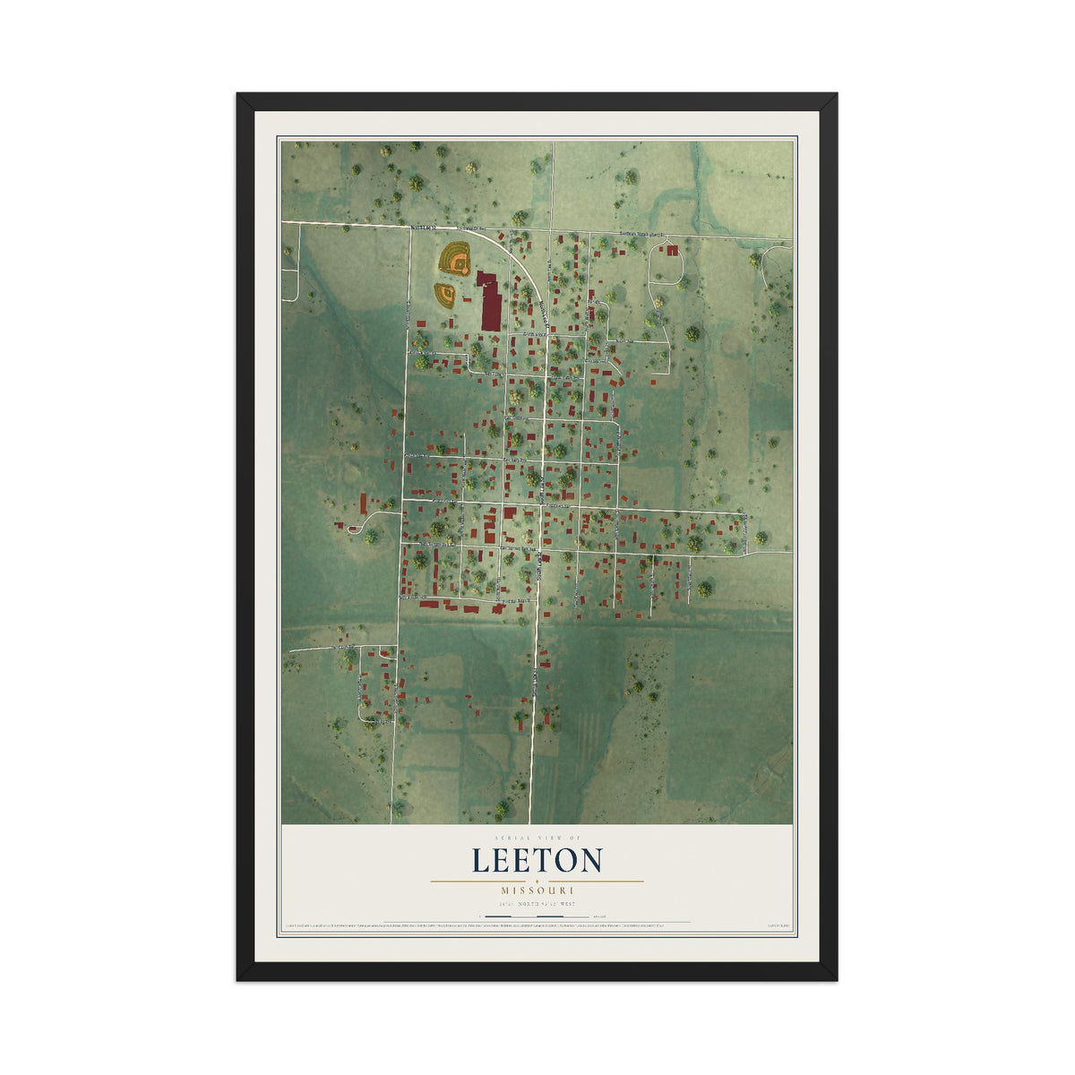 Map of Leeton, Missouri, 12 x 18 inch print in a black wood frame