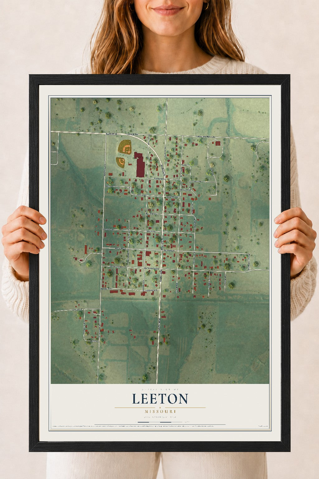 Map of Leeton, Missouri, 18 x 24 inch print in a black wood frame