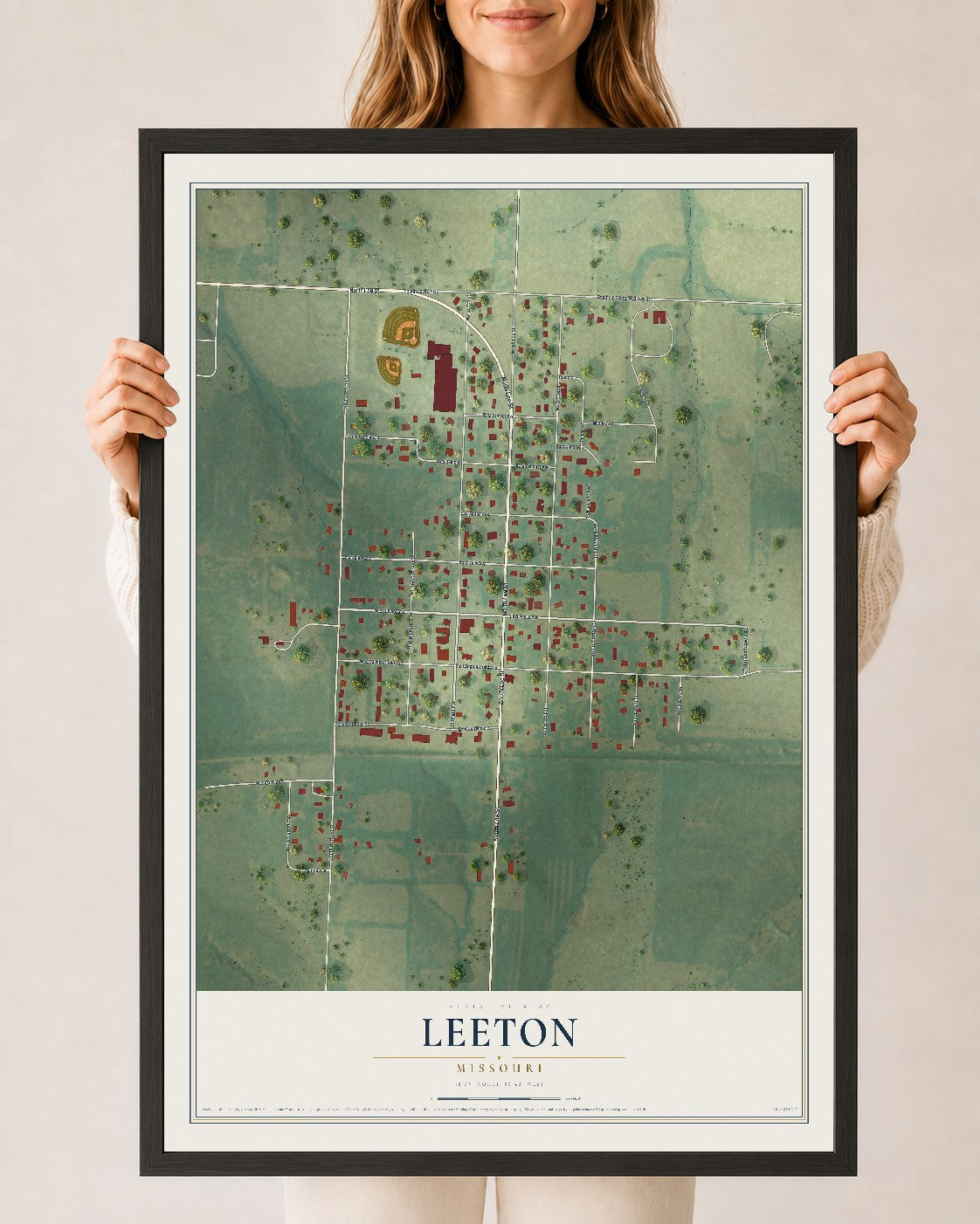 Map of Leeton, Missouri, 24 x 36 inch print in a black wood frame