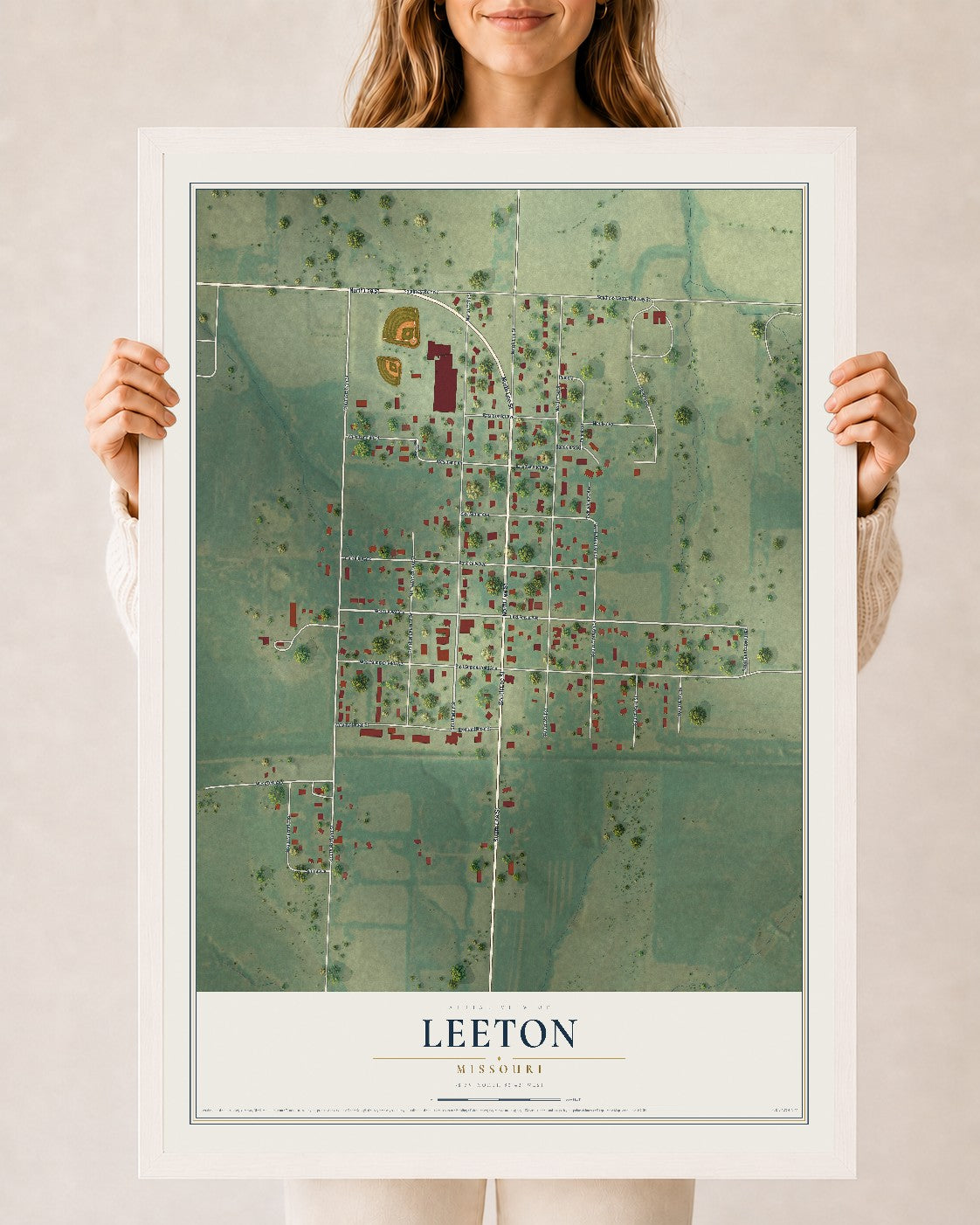 Map of Leeton, Missouri, 24 x 36 inch print in a white wood frame