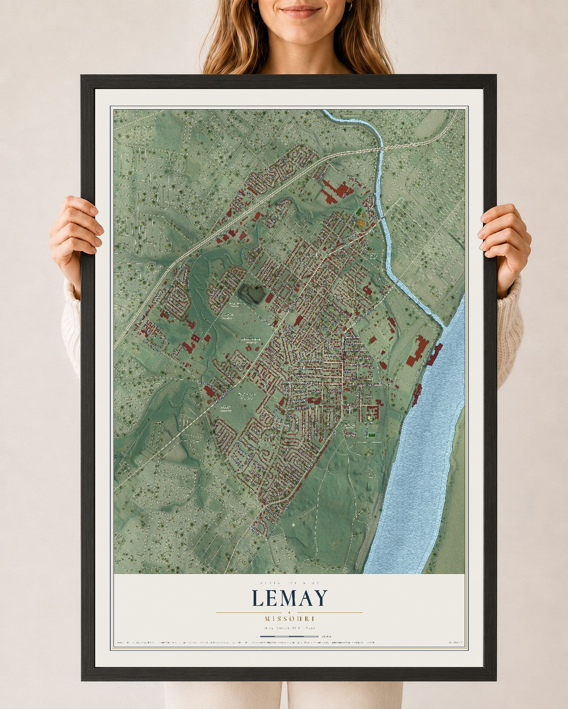 Map of Lemay, Missouri, 24 x 36 inch print in a black wood frame