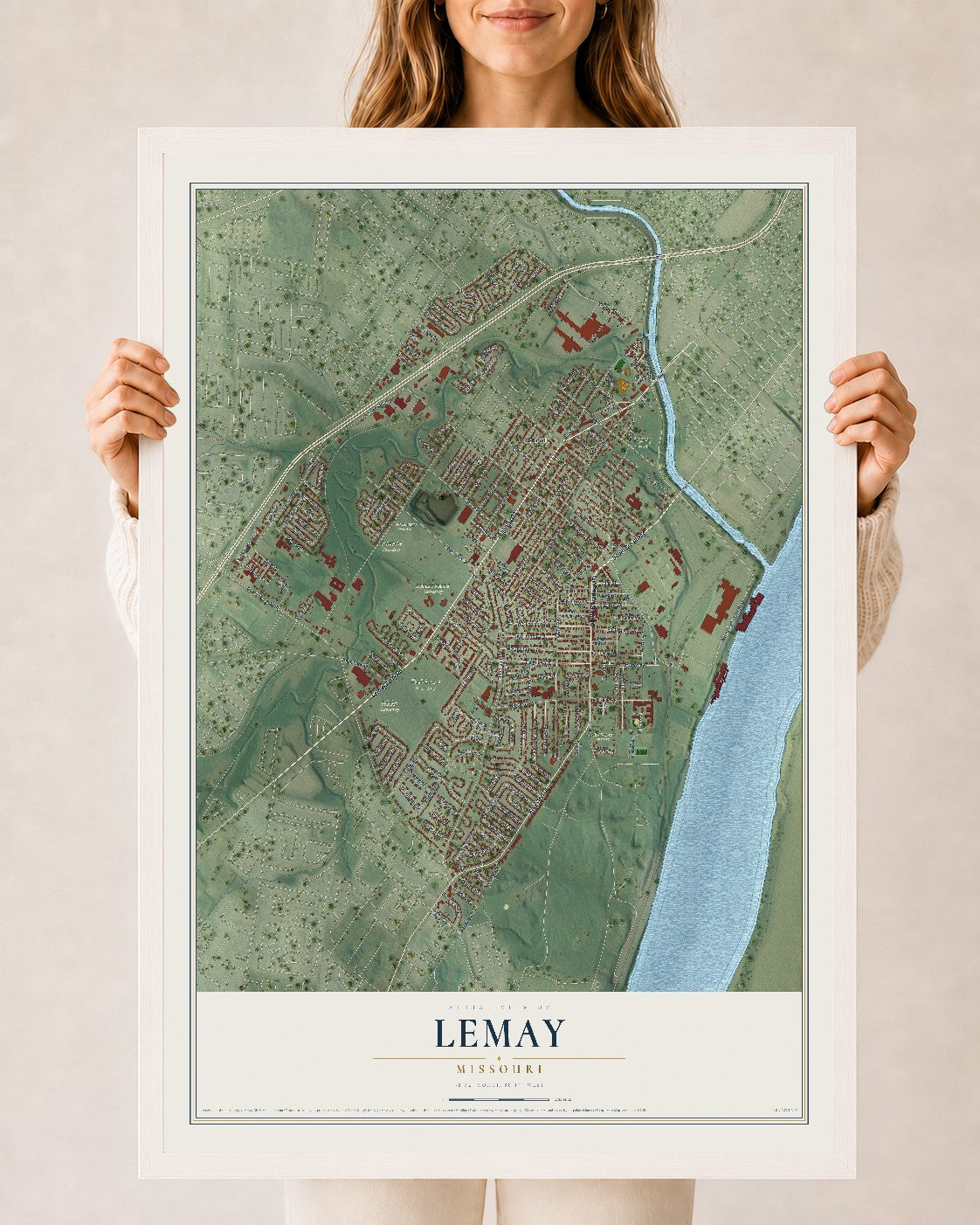 Map of Lemay, Missouri, 24 x 36 inch print in a white wood frame