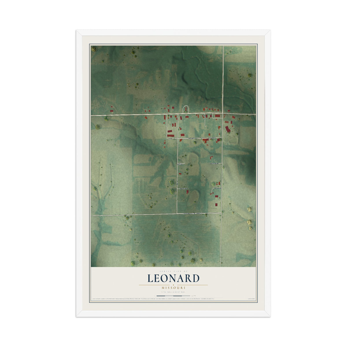 Map of Leonard, Missouri, 12 x 18 inch print in a white wood frame