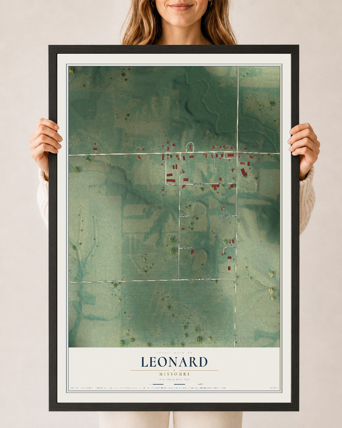 Map of Leonard, Missouri, 24 x 36 inch print in a black wood frame