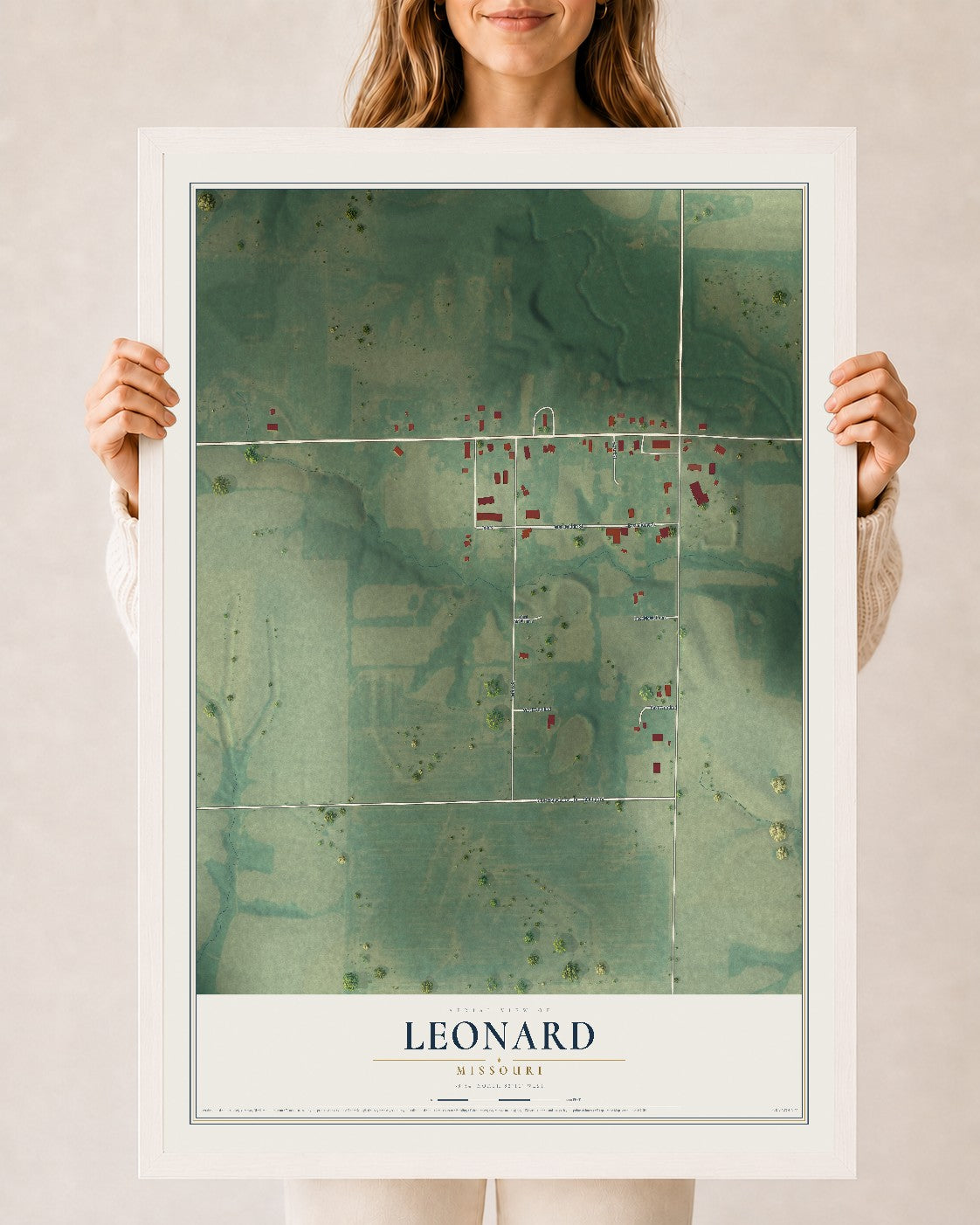 Map of Leonard, Missouri, 24 x 36 inch print in a white wood frame