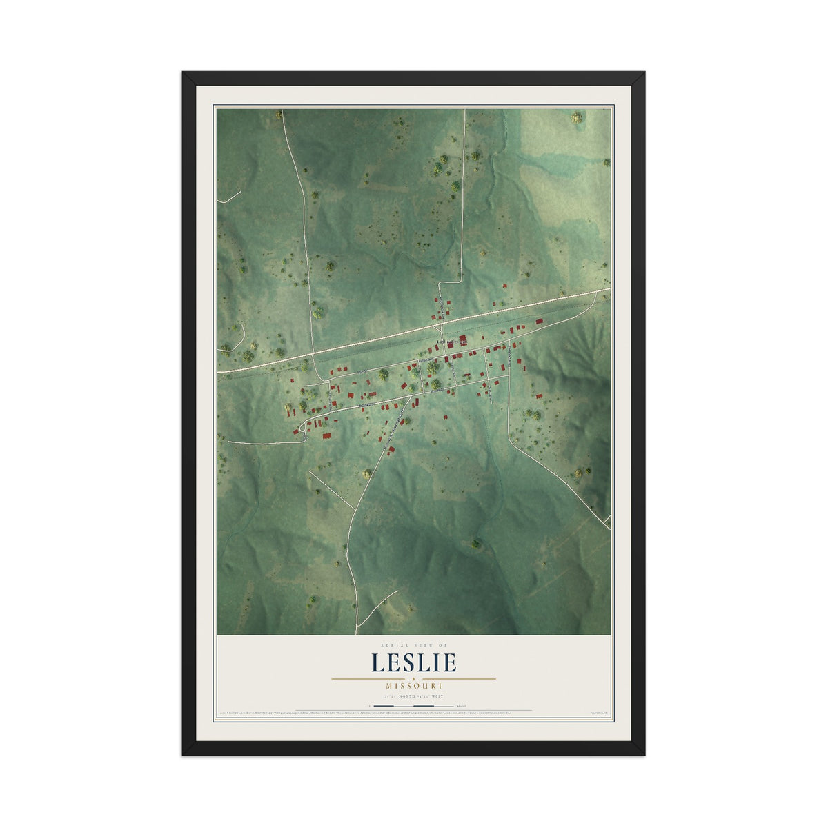 Map of Leslie, Missouri, 12 x 18 inch print in a black wood frame