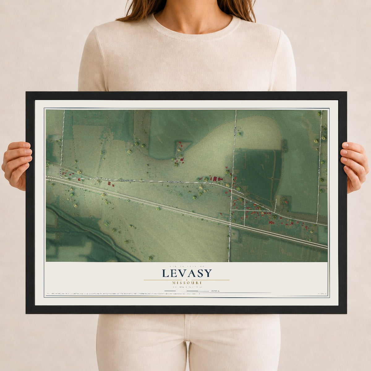 Map of Levasy, Missouri, 12 x 18 inch print in a black wood frame