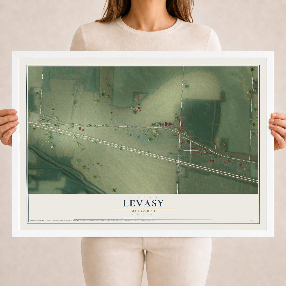 Map of Levasy, Missouri, 18 x 24 inch print in a white wood frame