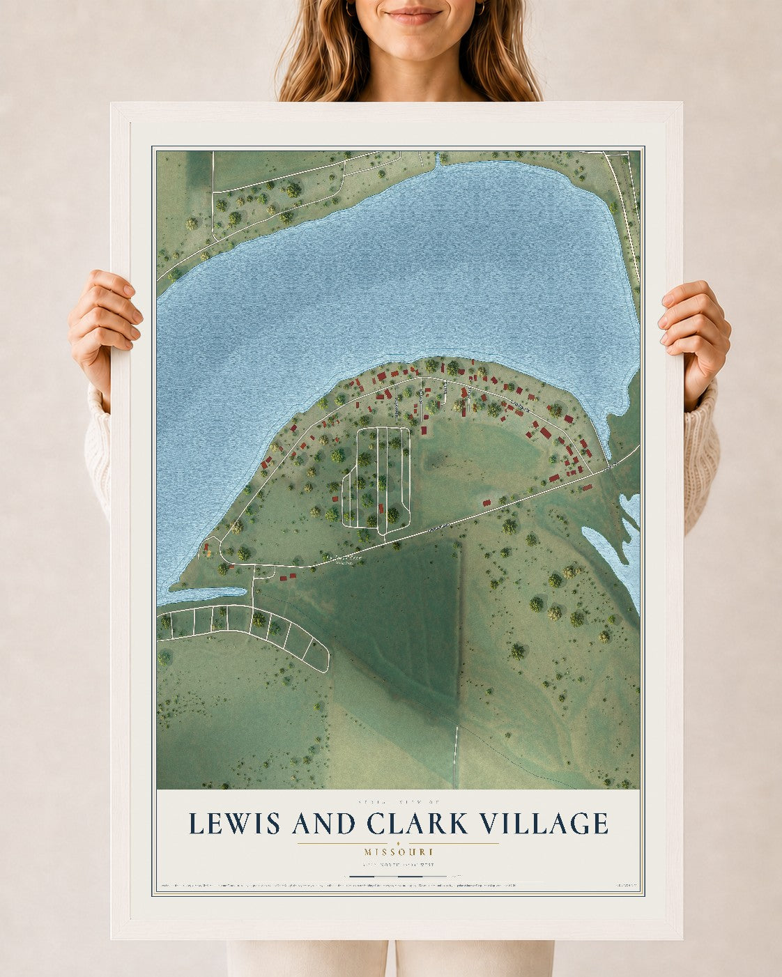 Map of Lewis and Clark Village, Missouri, 24 x 36 inch print in a white wood frame