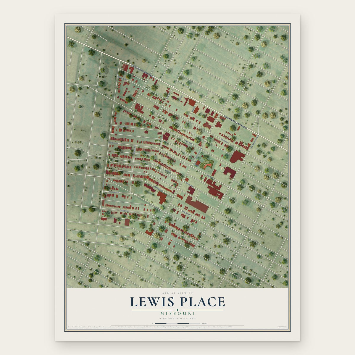 Lewis Place, Missouri map print, the full design