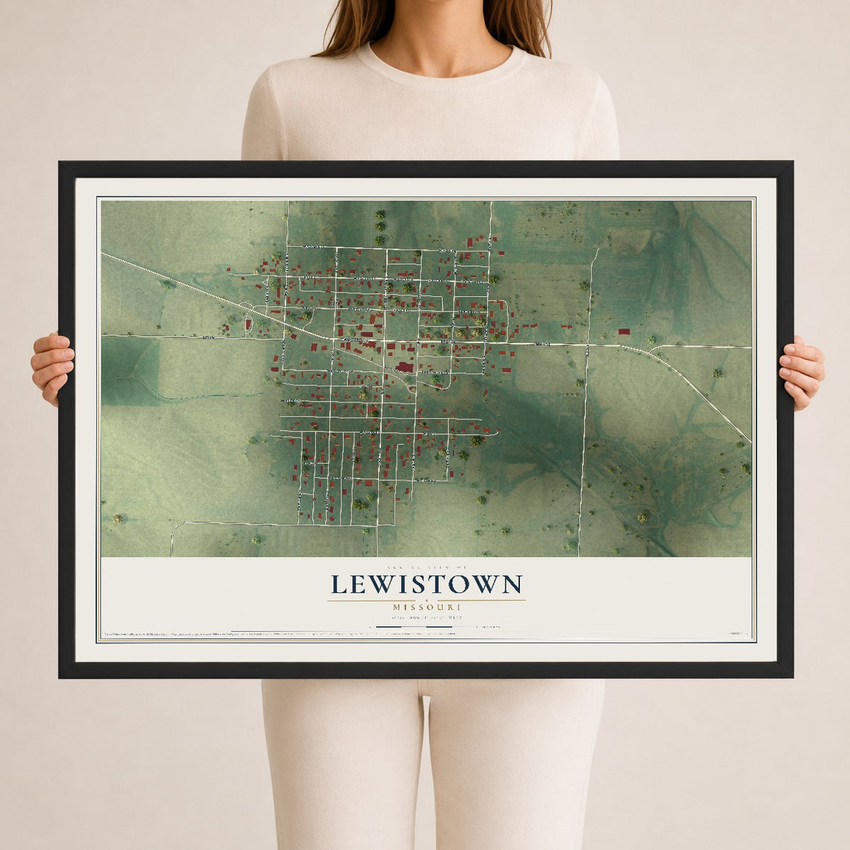 Map of Lewistown, Missouri, 24 x 36 inch print in a black wood frame