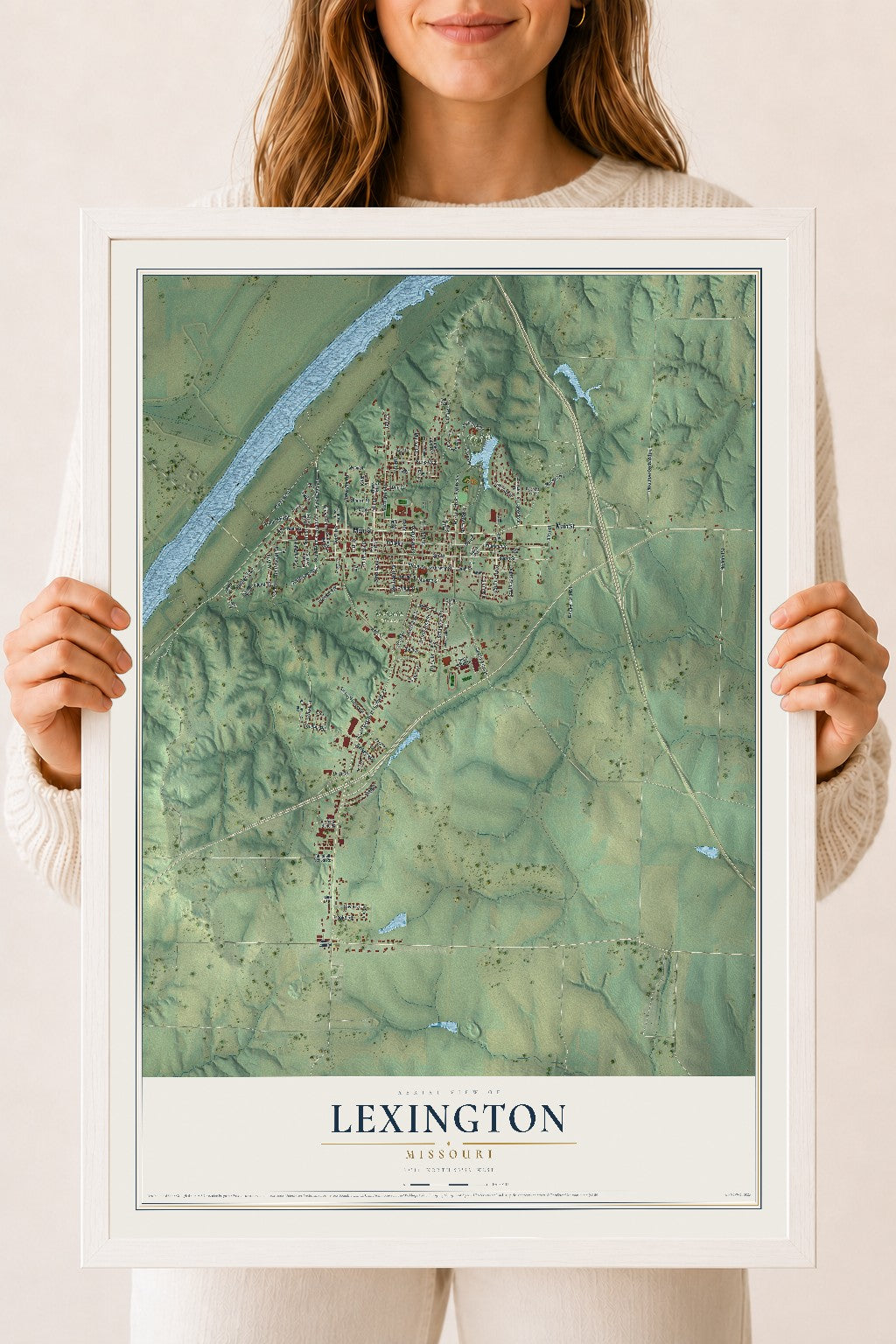 Map of Lexington, Missouri, 18 x 24 inch print in a white wood frame