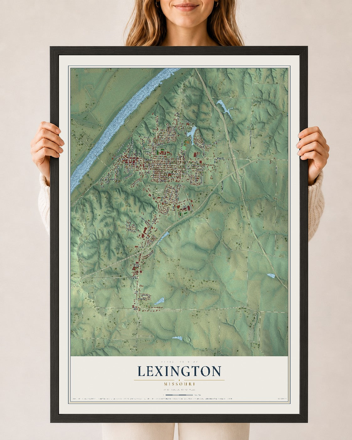 Map of Lexington, Missouri, 24 x 36 inch print in a black wood frame
