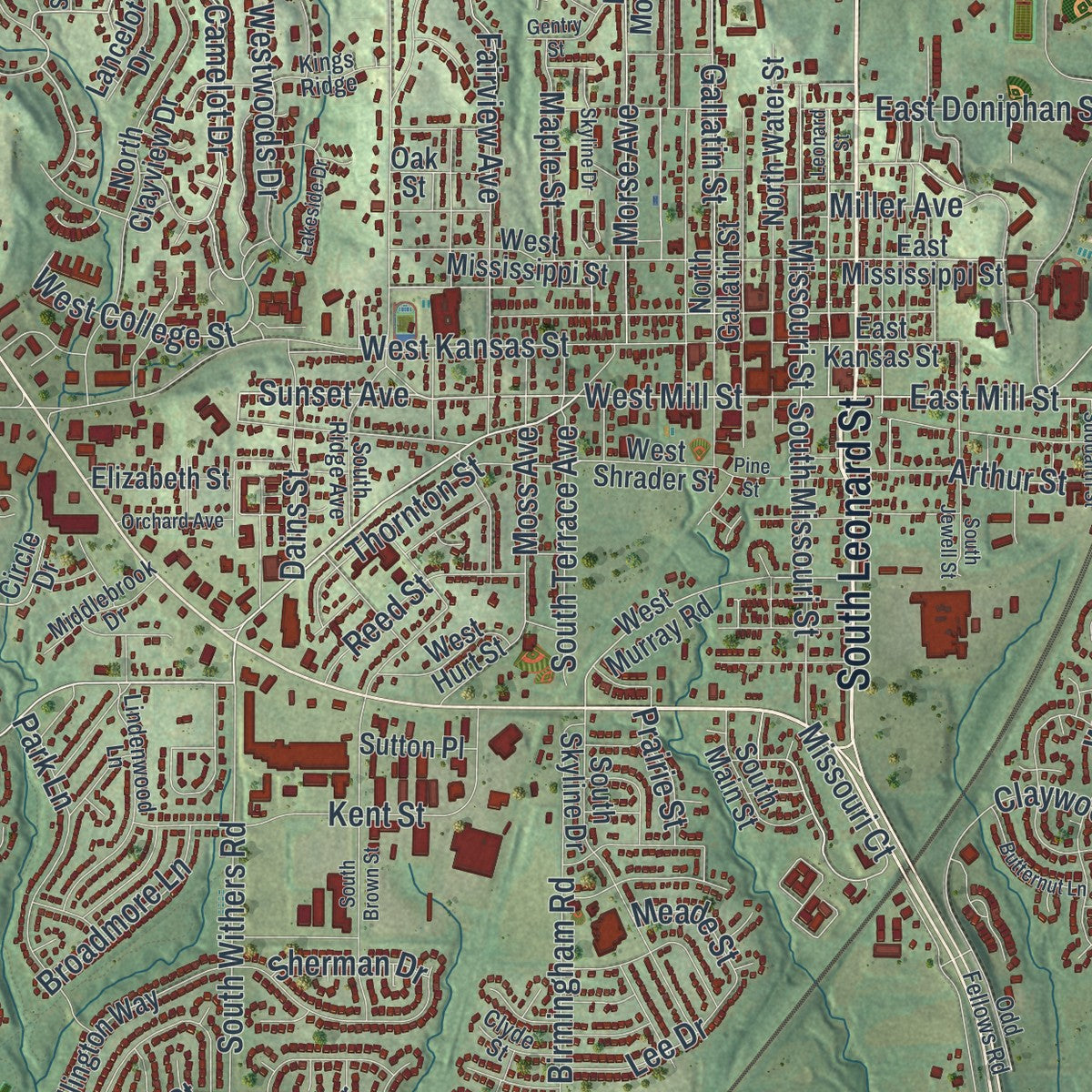 Close-up of the map of Liberty, Missouri print showing street and building detail