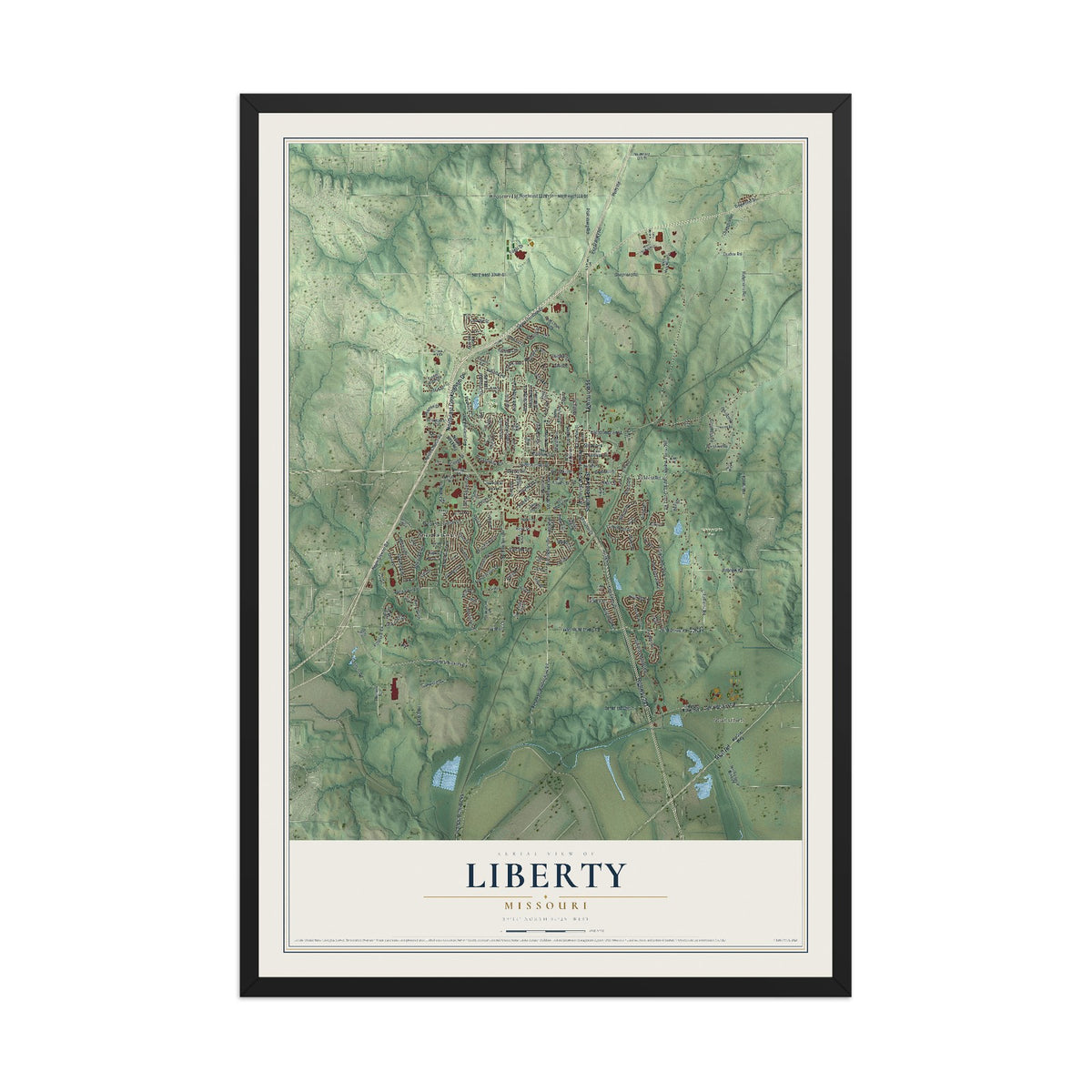 Map of Liberty, Missouri, 12 x 18 inch print in a black wood frame