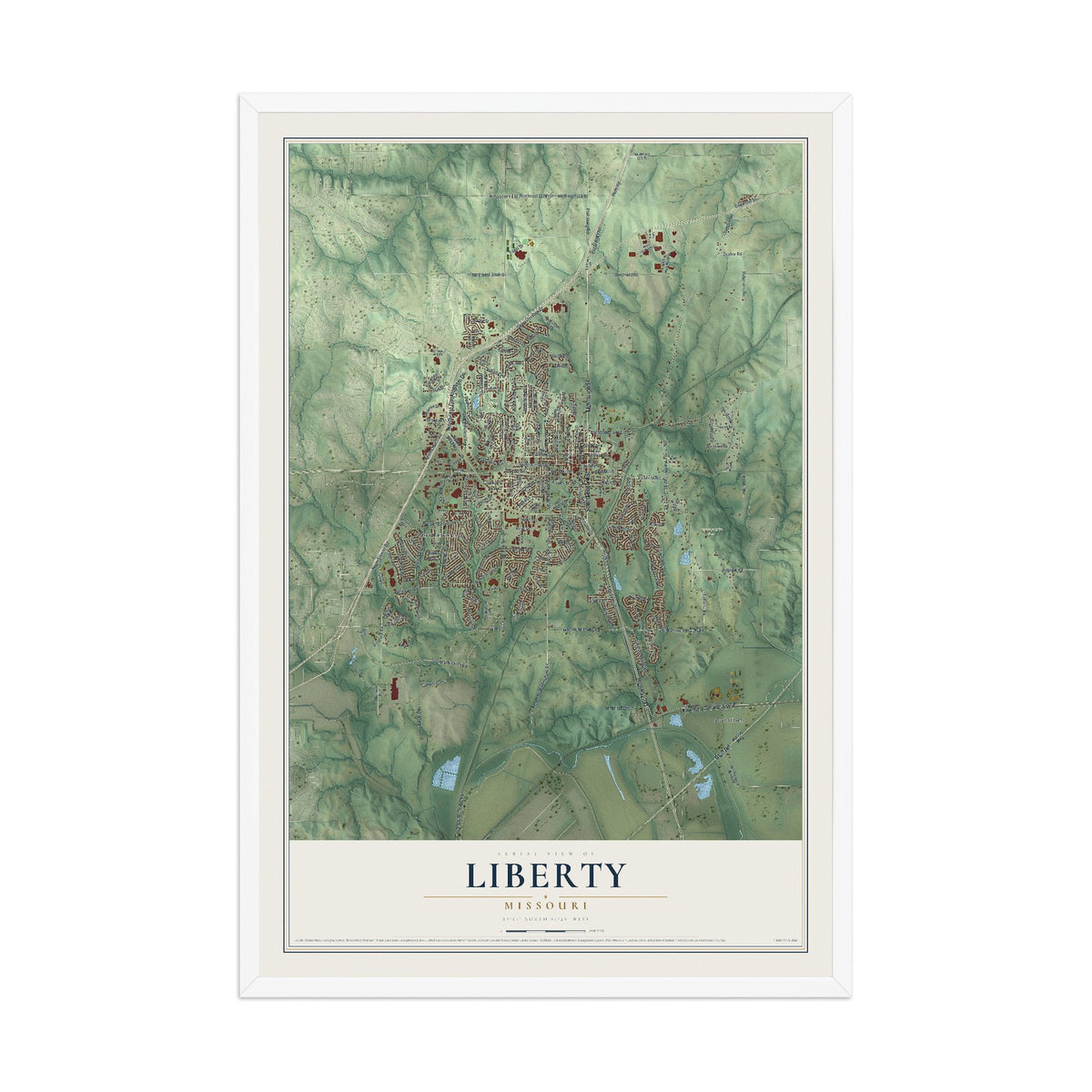 Map of Liberty, Missouri, 12 x 18 inch print in a white wood frame