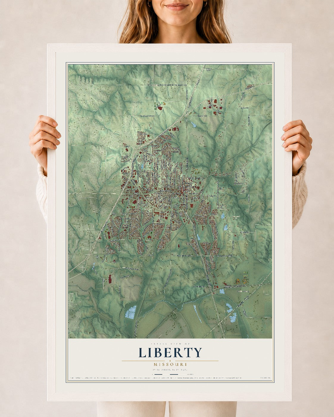 Map of Liberty, Missouri, 24 x 36 inch print in a white wood frame