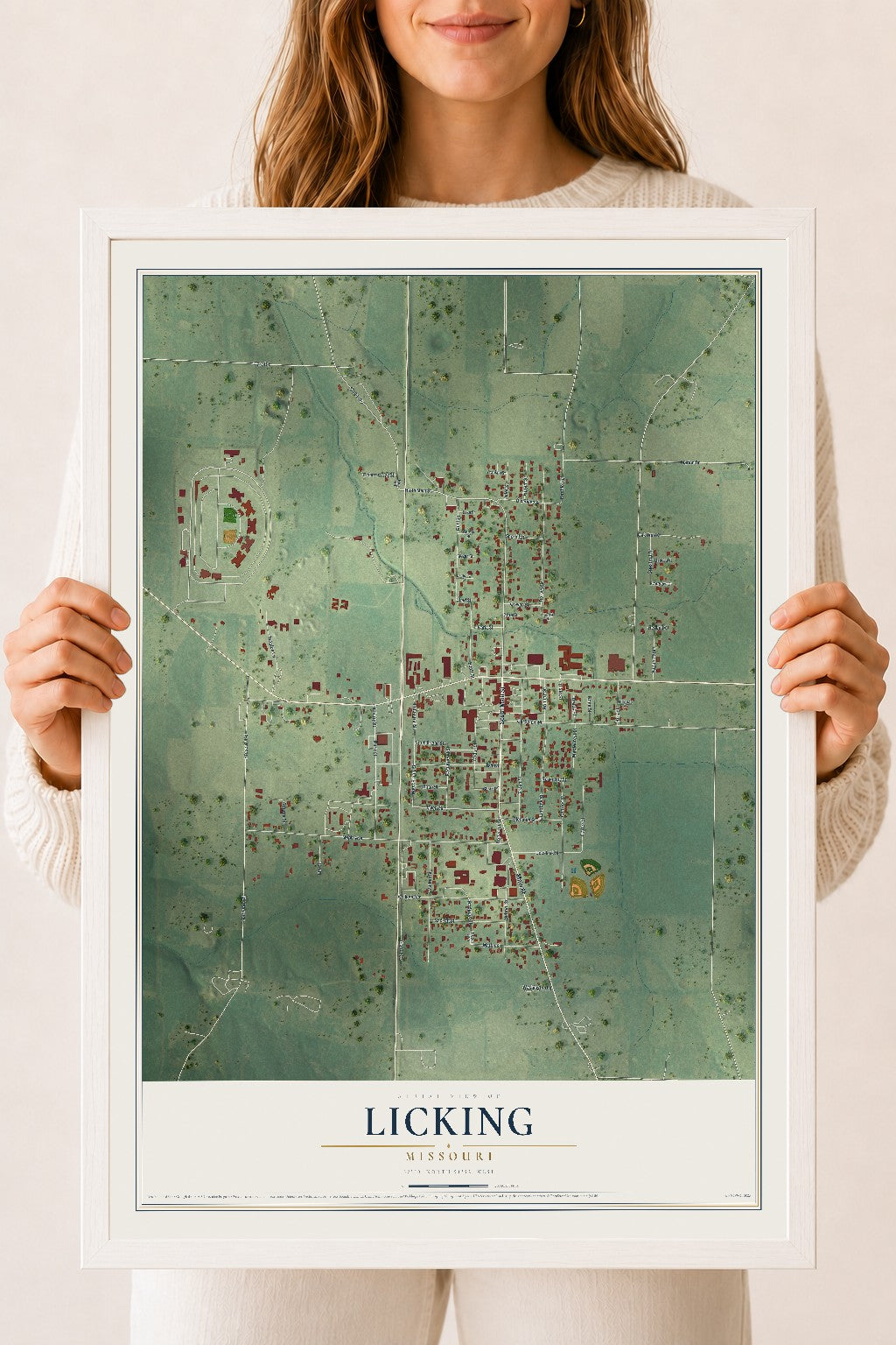 Map of Licking, Missouri, 18 x 24 inch print in a white wood frame