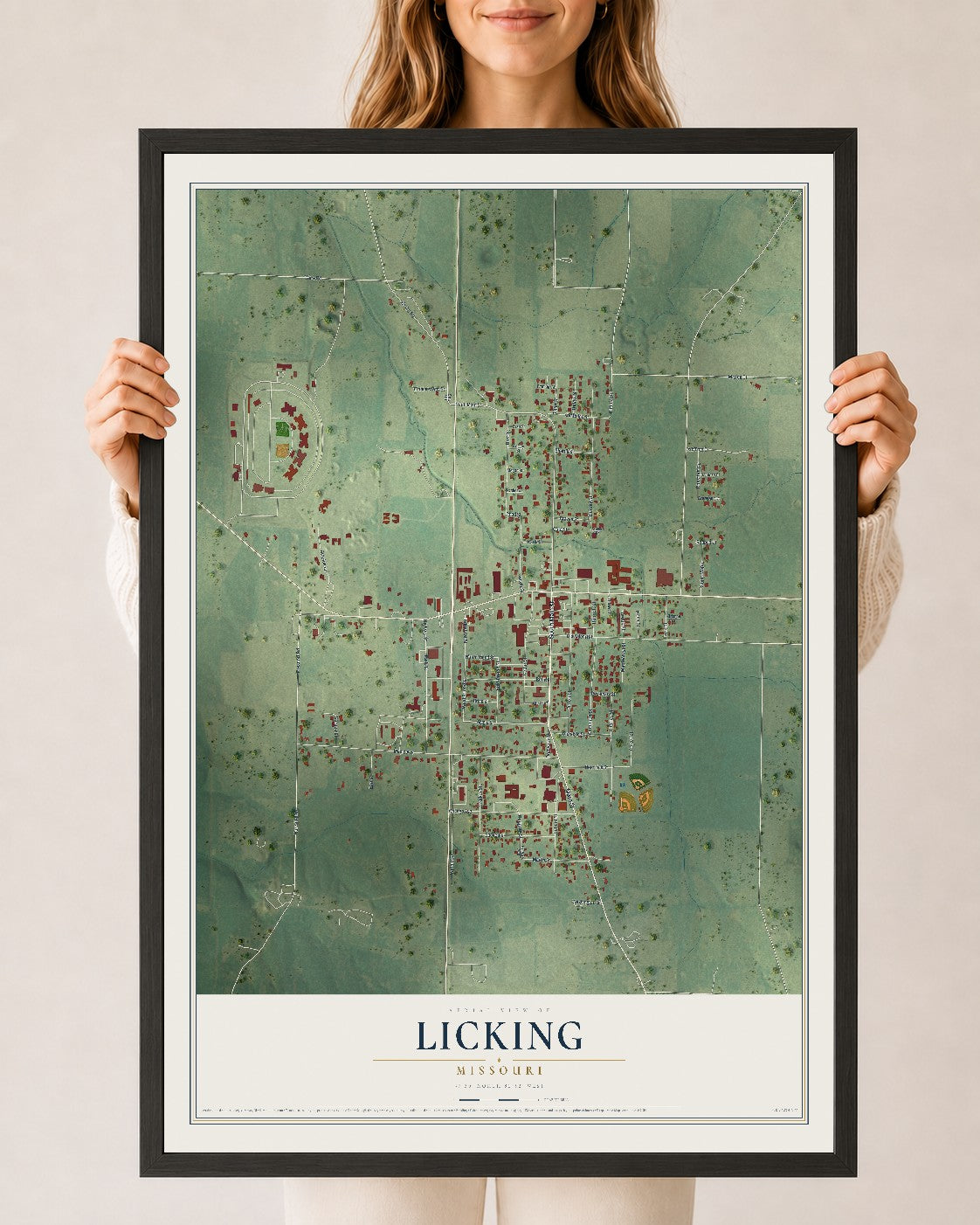 Map of Licking, Missouri, 24 x 36 inch print in a black wood frame