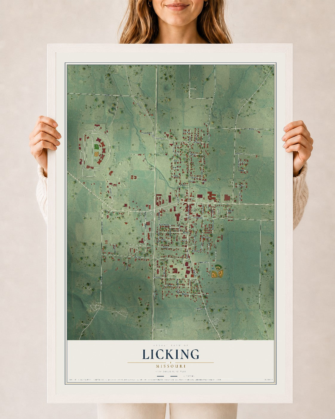 Map of Licking, Missouri, 24 x 36 inch print in a white wood frame