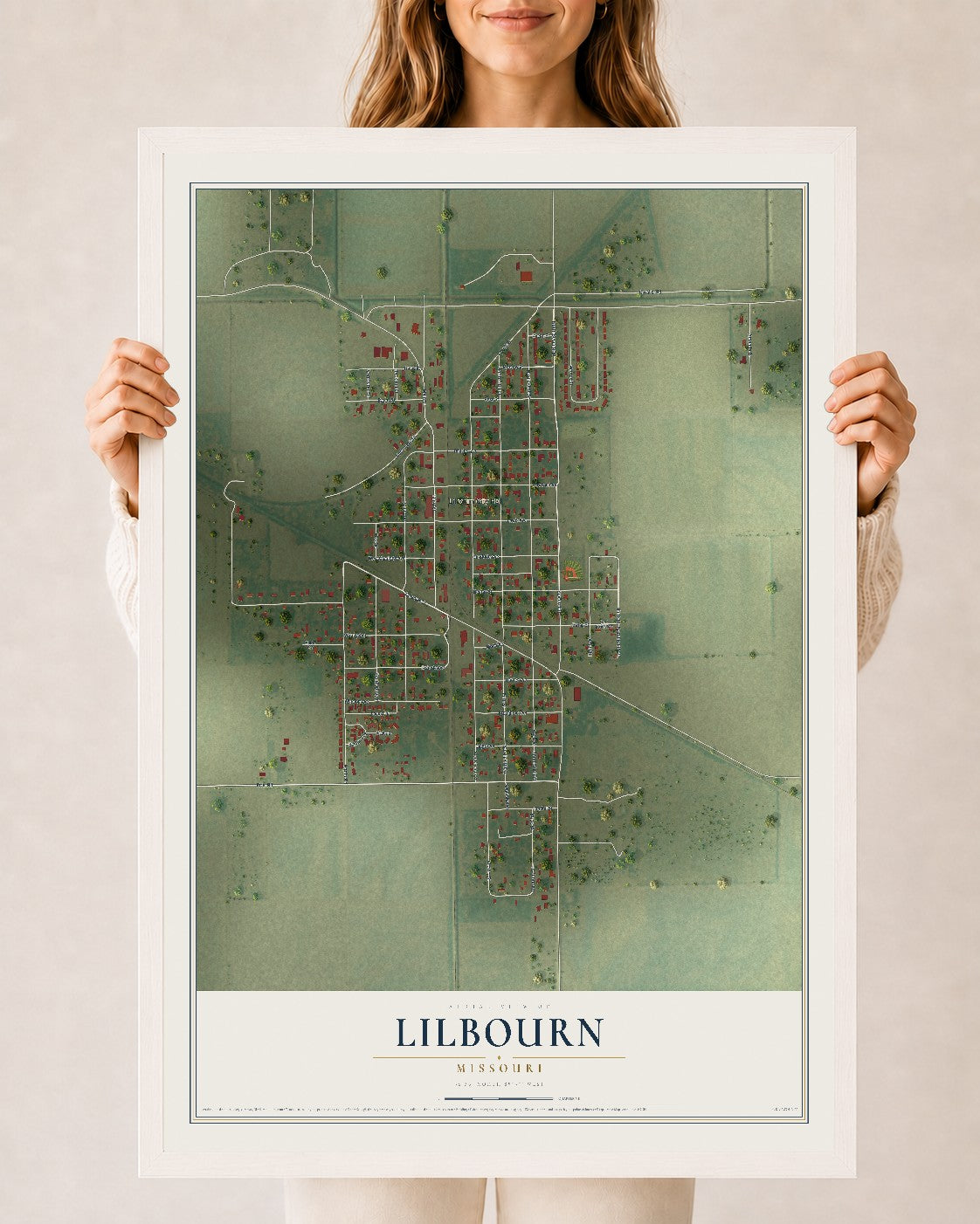 Map of Lilbourn, Missouri, 24 x 36 inch print in a white wood frame