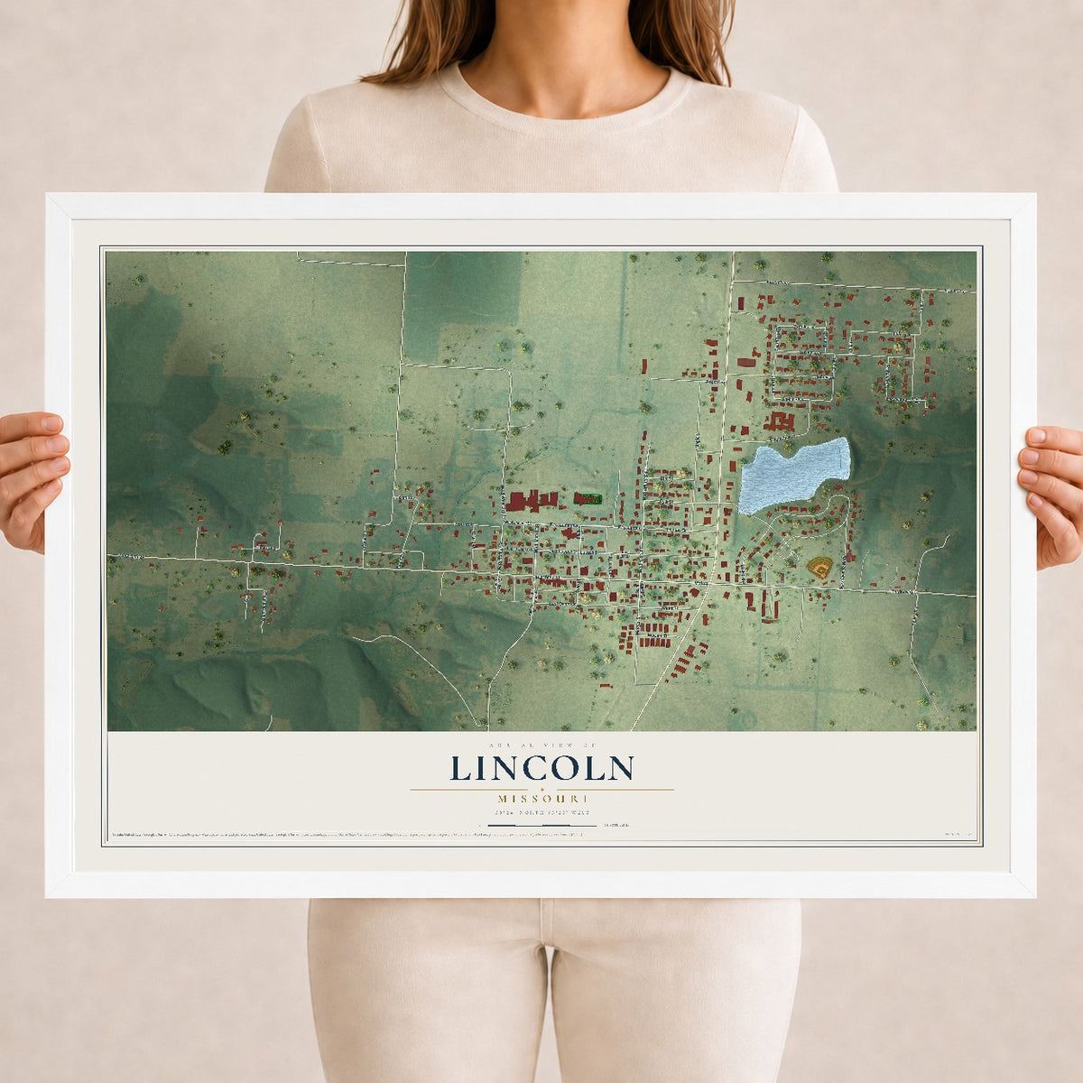 Map of Lincoln, Missouri, 18 x 24 inch print in a white wood frame