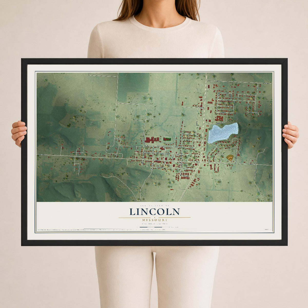 Map of Lincoln, Missouri, 24 x 36 inch print in a black wood frame