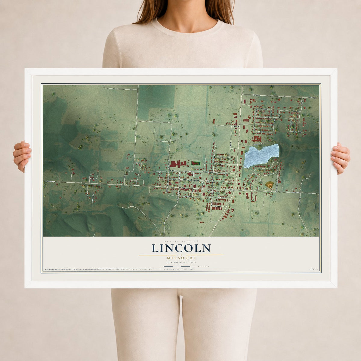Map of Lincoln, Missouri, 24 x 36 inch print in a white wood frame