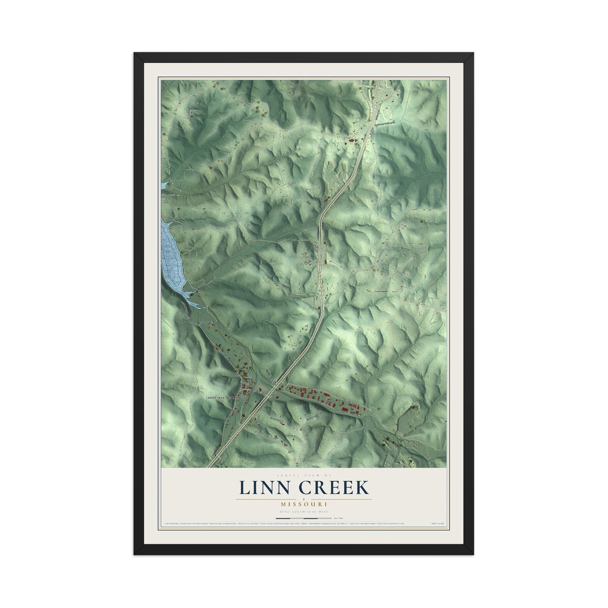 Map of Linn Creek, Missouri, 12 x 18 inch print in a black wood frame