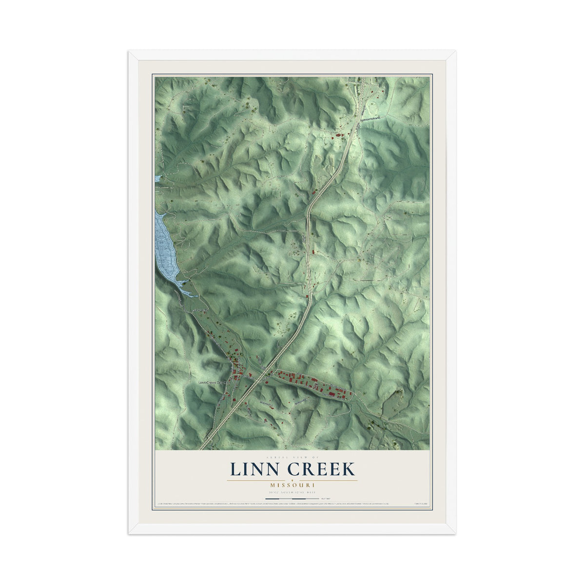 Map of Linn Creek, Missouri, 12 x 18 inch print in a white wood frame