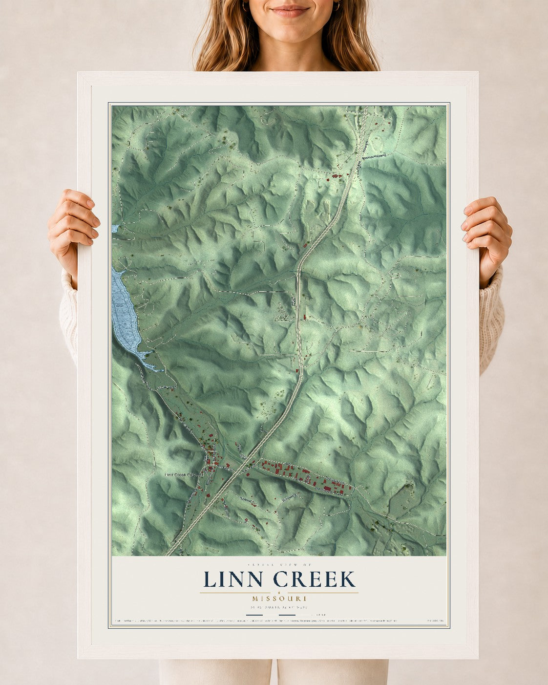 Map of Linn Creek, Missouri, 24 x 36 inch print in a white wood frame